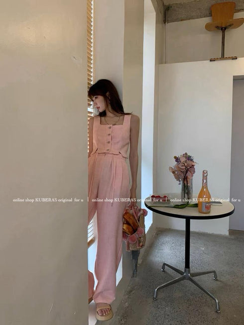 Mo.studio Sleeveless Button Down Crop Tops with Pants